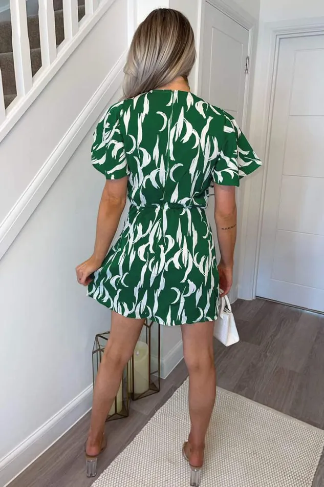 AX Paris Green And White Printed Gathered Mini Dress Dresses