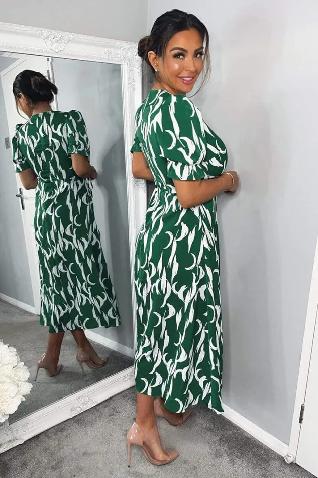 AX Paris Green And White Printed Wrap Side Tie Midi Dress Dresses