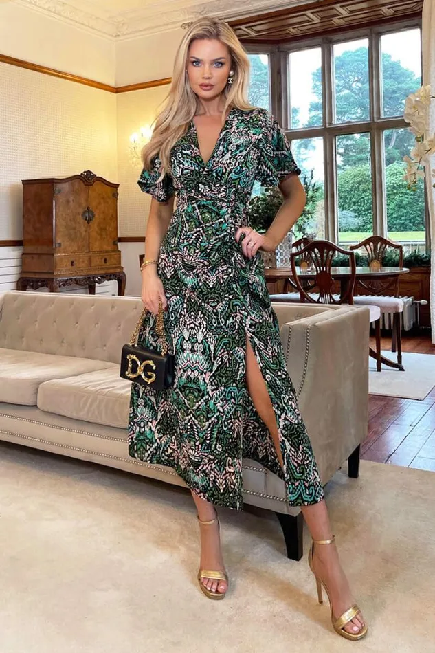 AX Paris Green Printed VNeck Split Skirt Midi Dress Dresses