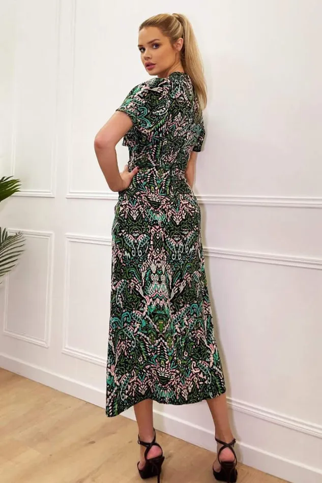 AX Paris Green Printed VNeck Split Skirt Midi Dress Dresses