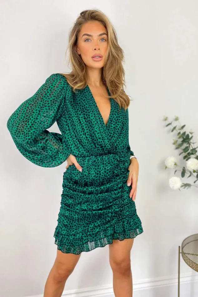 AX Paris Green Ruched Long Sleeve Mini Dress Occasion Dresses