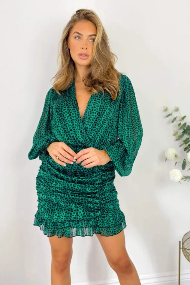 AX Paris Green Ruched Long Sleeve Mini Dress Occasion Dresses