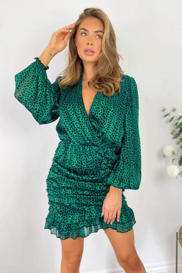 AX Paris Green Ruched Long Sleeve Mini Dress Occasion Dresses
