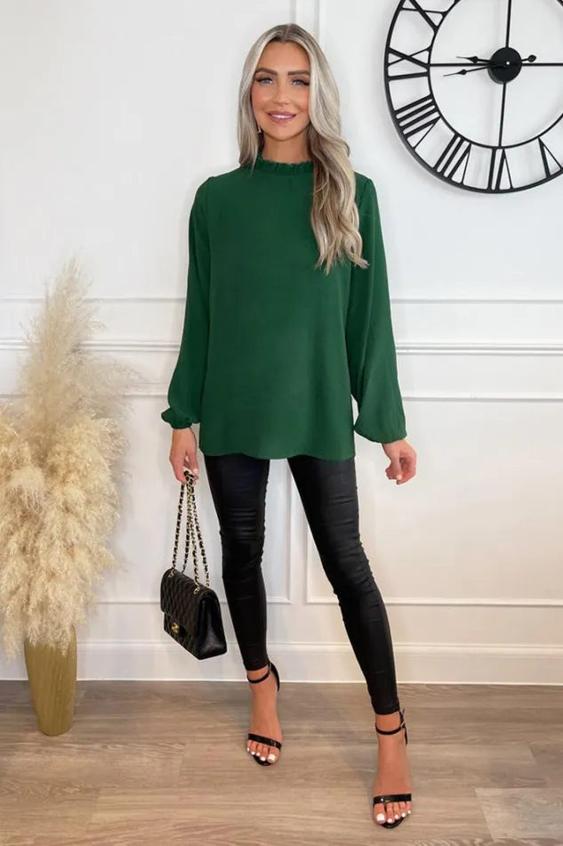 AX Paris Green Ruffle Neck Long Sleeve Top Tops