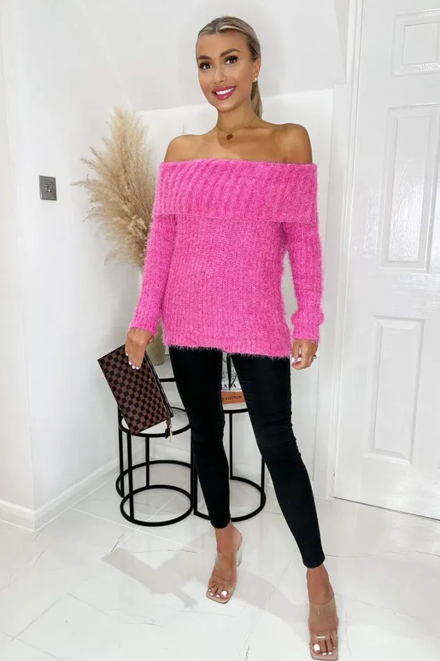 AX Paris Hot Pink Wide Roll Neck Long Sleeve Fluffy Knitted Jumper Knitwear