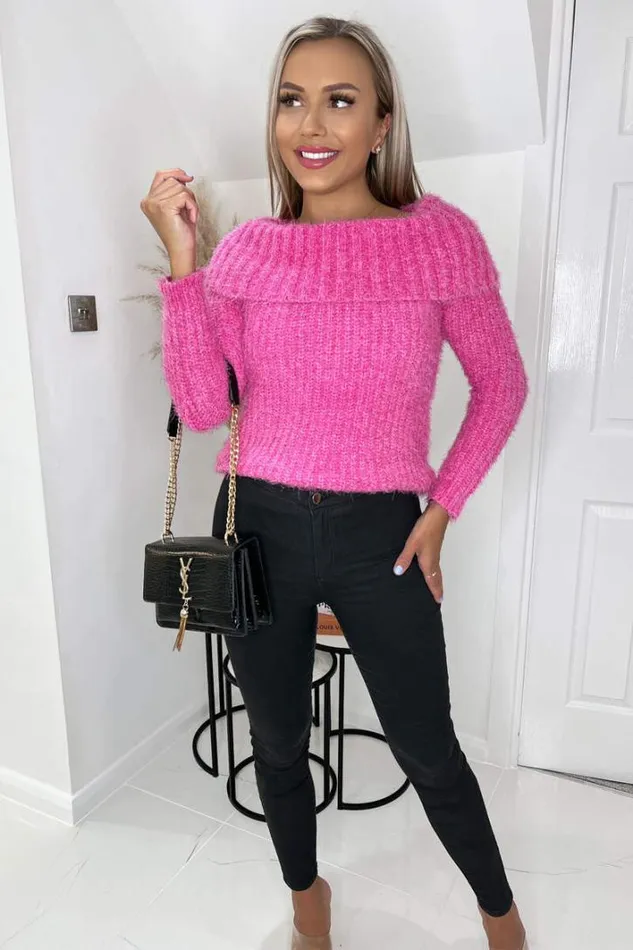 AX Paris Hot Pink Wide Roll Neck Long Sleeve Fluffy Knitted Jumper Knitwear