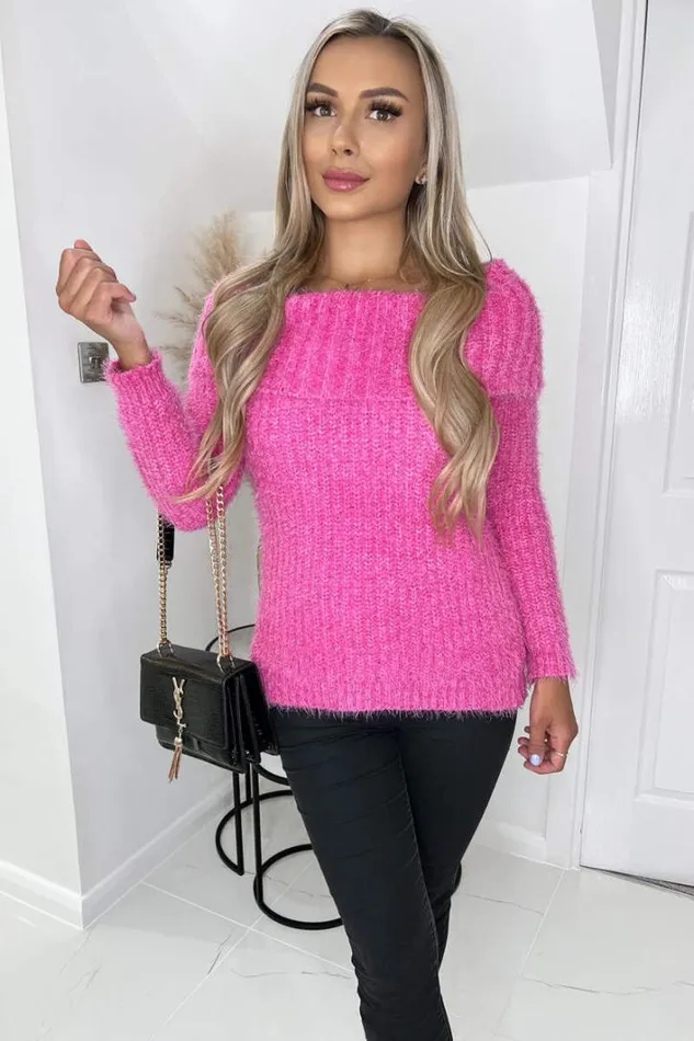 AX Paris Hot Pink Wide Roll Neck Long Sleeve Fluffy Knitted Jumper Knitwear