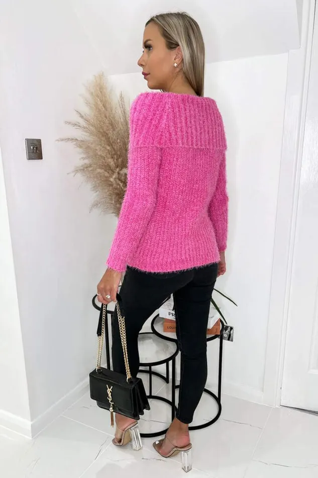 AX Paris Hot Pink Wide Roll Neck Long Sleeve Fluffy Knitted Jumper Knitwear
