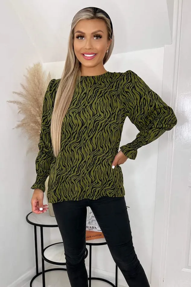 AX Paris Khaki Animal Print Long Sleeve Top Dresses