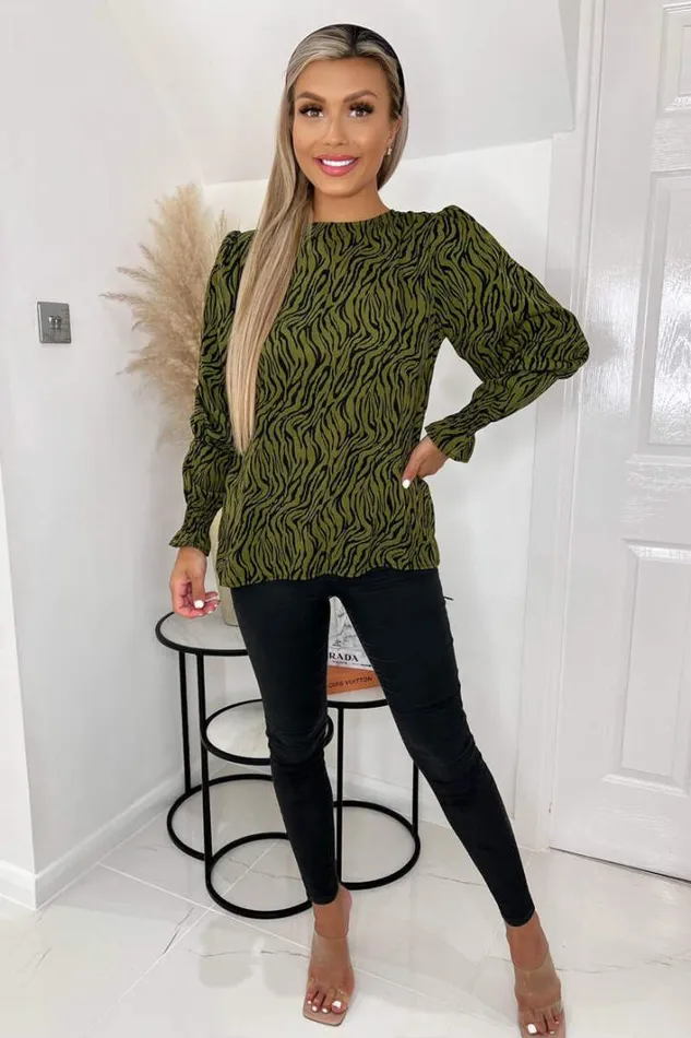 AX Paris Khaki Animal Print Long Sleeve Top Dresses