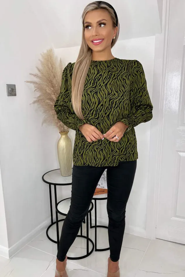 AX Paris Khaki Animal Print Long Sleeve Top Dresses