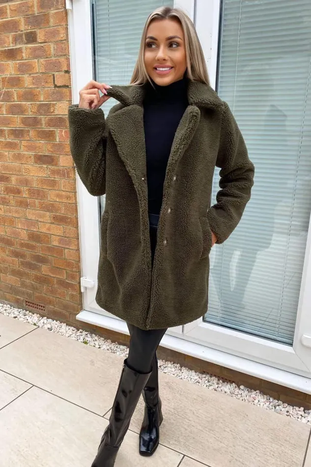 AX Paris Khaki Teddy Faux Fur Coat With Collar Coats and Jackets