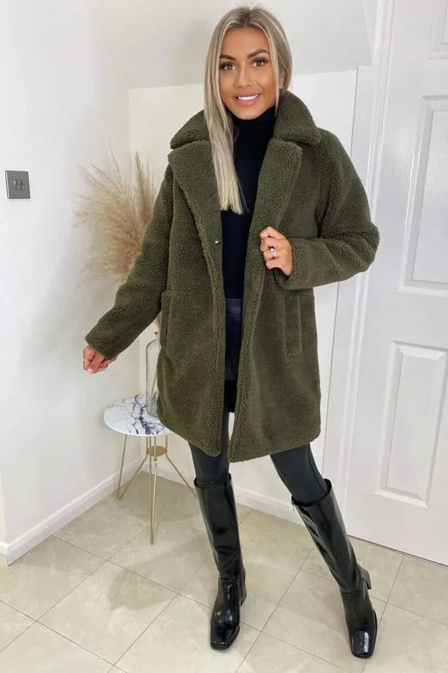 AX Paris Khaki Teddy Faux Fur Coat With Collar Coats and Jackets