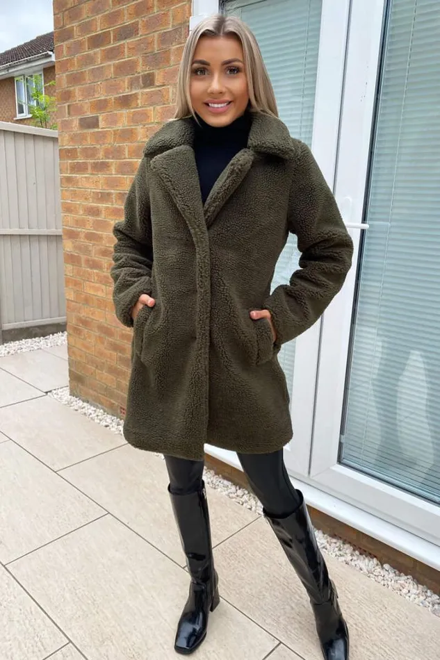 AX Paris Khaki Teddy Faux Fur Coat With Collar Coats and Jackets