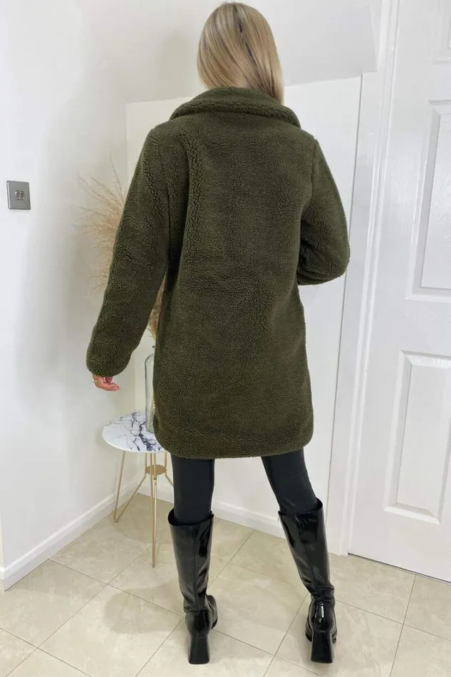 AX Paris Khaki Teddy Faux Fur Coat With Collar Coats and Jackets