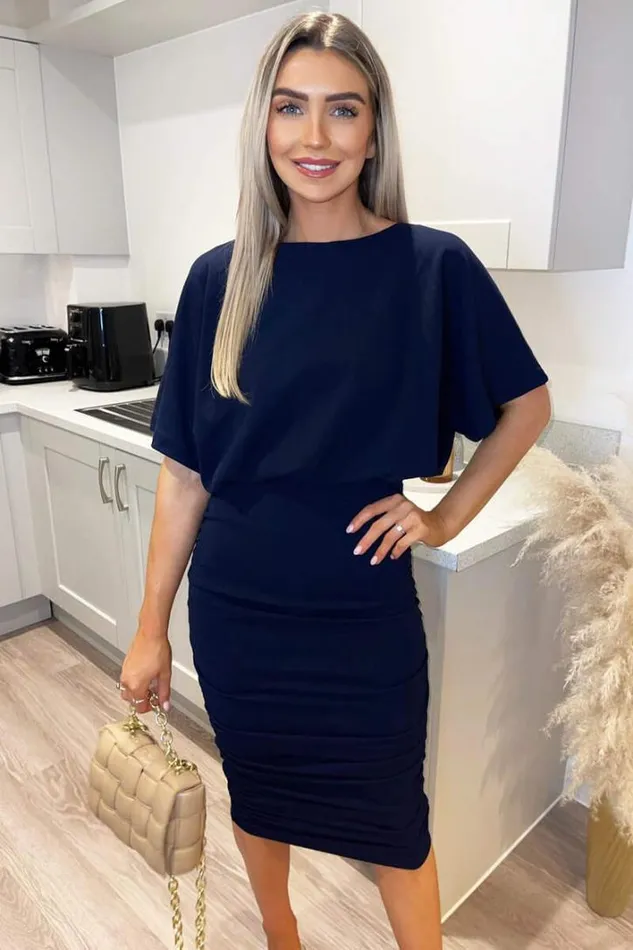 AX Paris Navy Short Sleeve Side Ruched Midi Dress Dresses