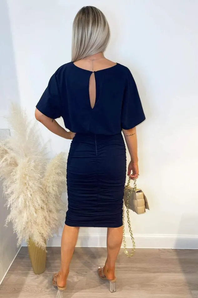 AX Paris Navy Short Sleeve Side Ruched Midi Dress Dresses