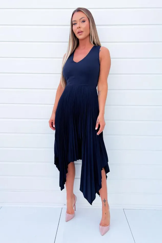 AX Paris Navy V Neck Pleated Skirt Belted Waist Midi Dress Dresses