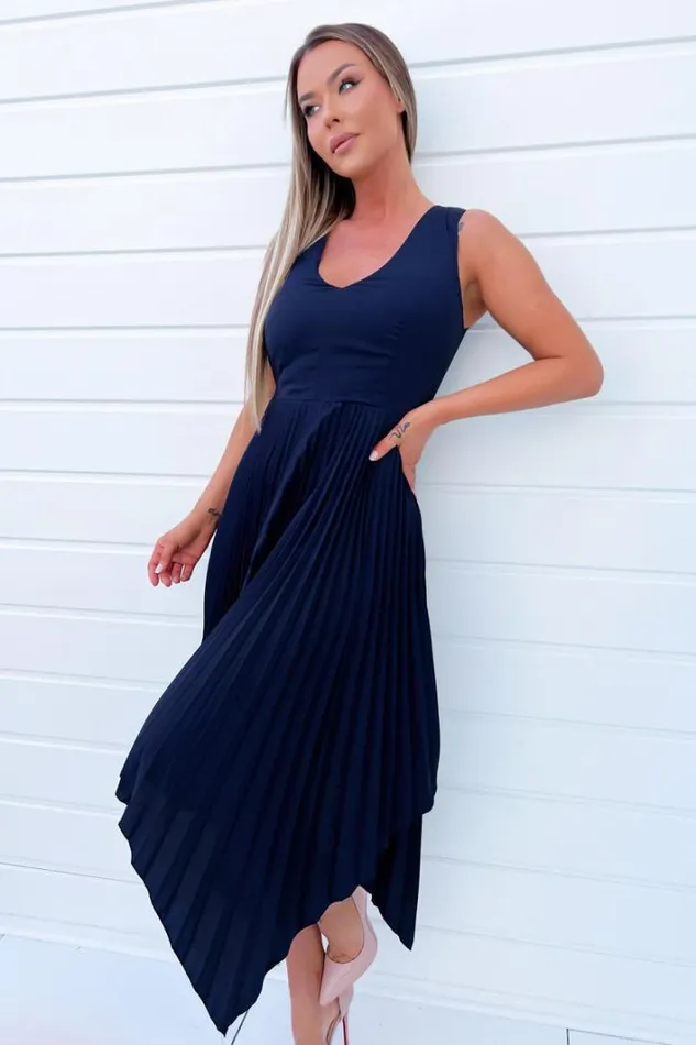 AX Paris Navy V Neck Pleated Skirt Belted Waist Midi Dress Dresses