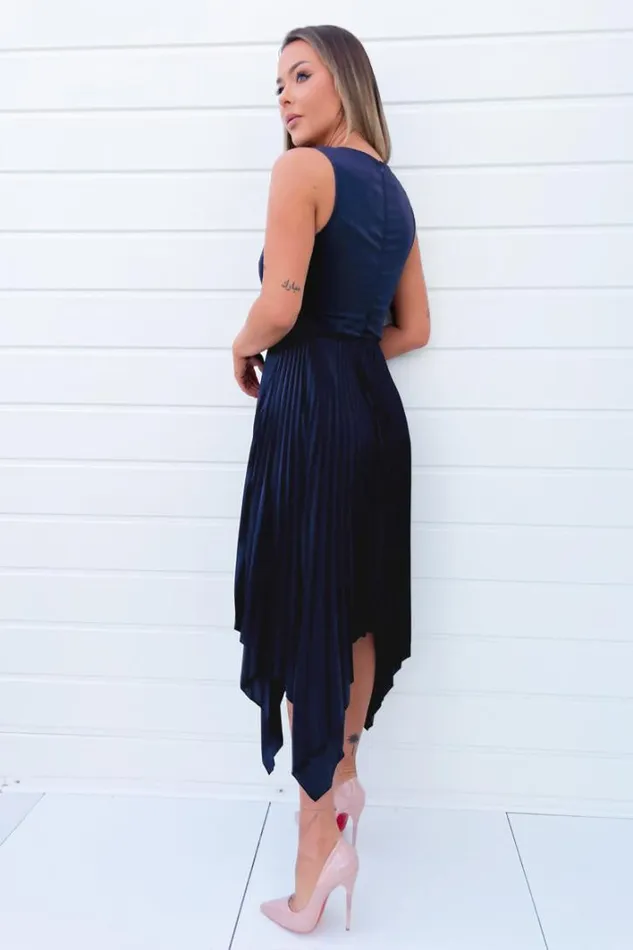 AX Paris Navy V Neck Pleated Skirt Belted Waist Midi Dress Dresses