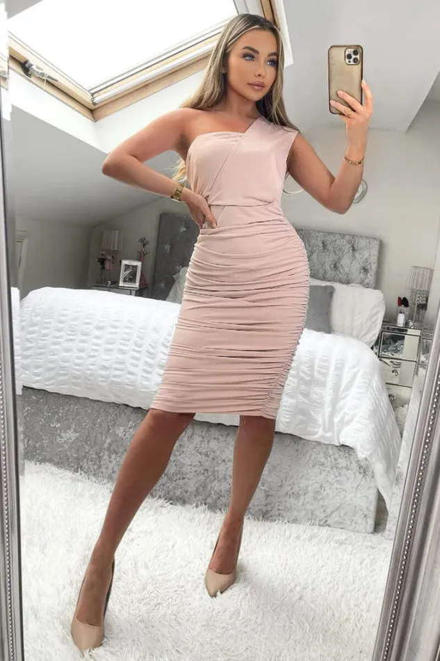 AX Paris Nude One Shoulder Ruched Bodycon Midi Dress Dresses