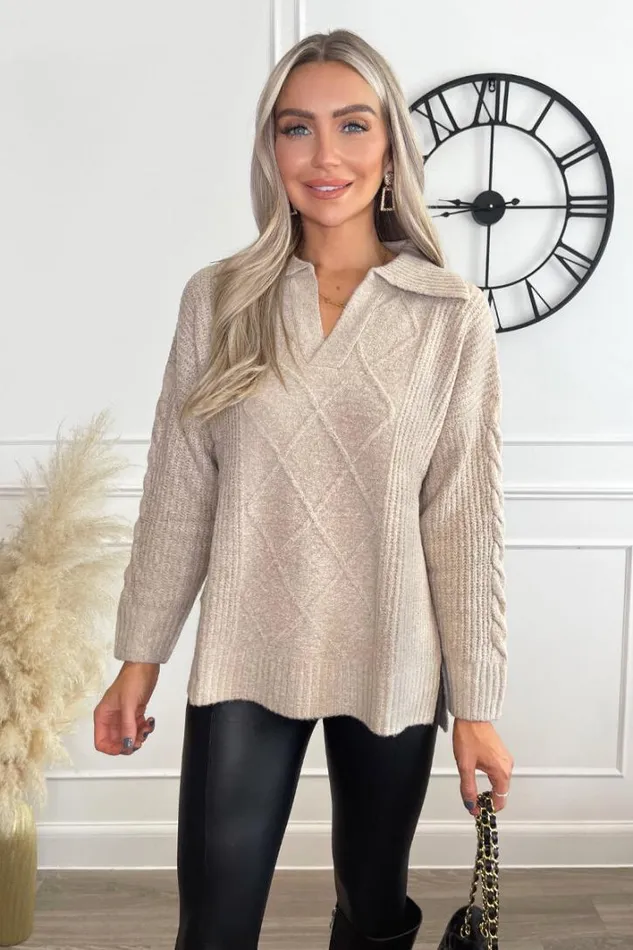 AX Paris Oatmeal Collared Cable Knit Jumper Knitwear