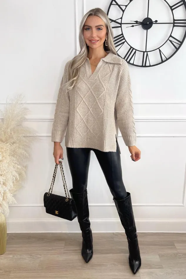 AX Paris Oatmeal Collared Cable Knit Jumper Knitwear