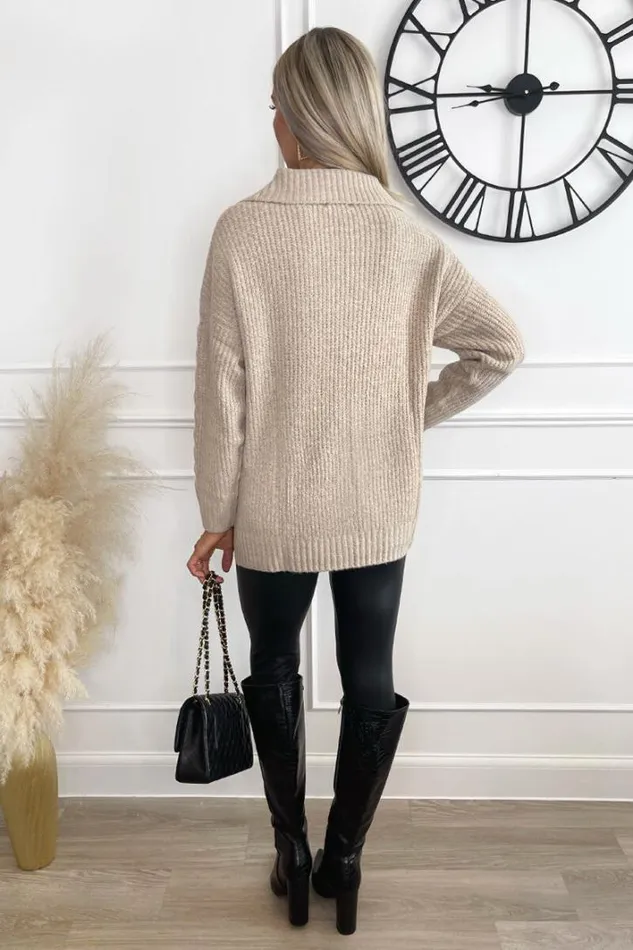 AX Paris Oatmeal Collared Cable Knit Jumper Knitwear