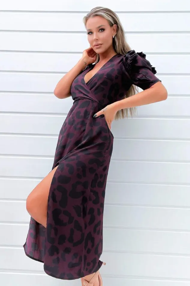 AX Paris Plum Animal Print Pleated Sleeve Midi Dress Dresses