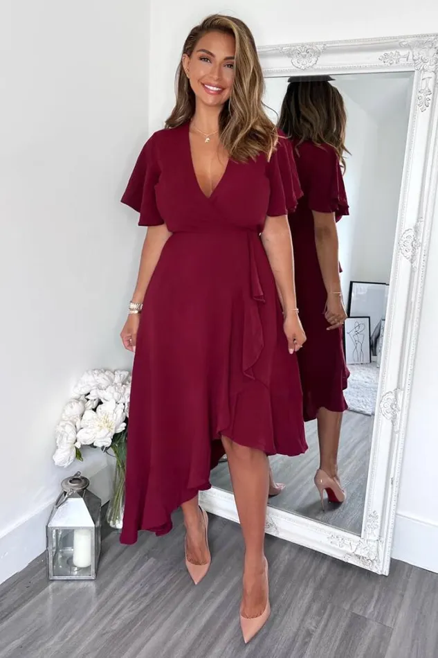 AX Paris Plum Wrap Over Top Frill Hem Midi Dress Dresses