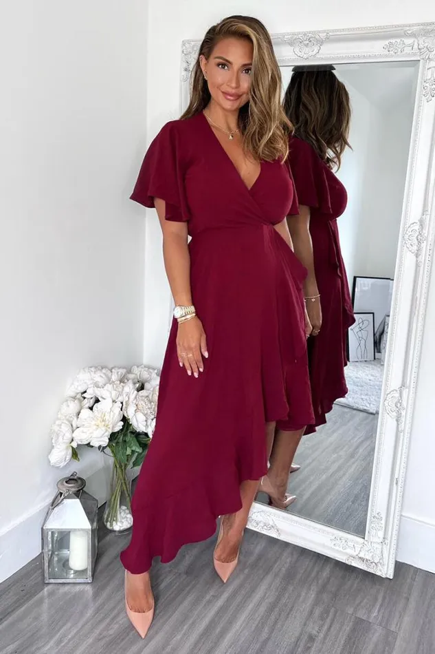 AX Paris Plum Wrap Over Top Frill Hem Midi Dress Dresses