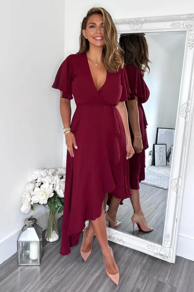 AX Paris Plum Wrap Over Top Frill Hem Midi Dress Dresses
