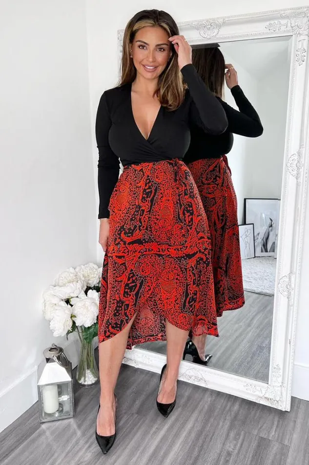 AX Paris Red And Black Printed Long Sleeve 2 In 1 Midi Dress Dresses