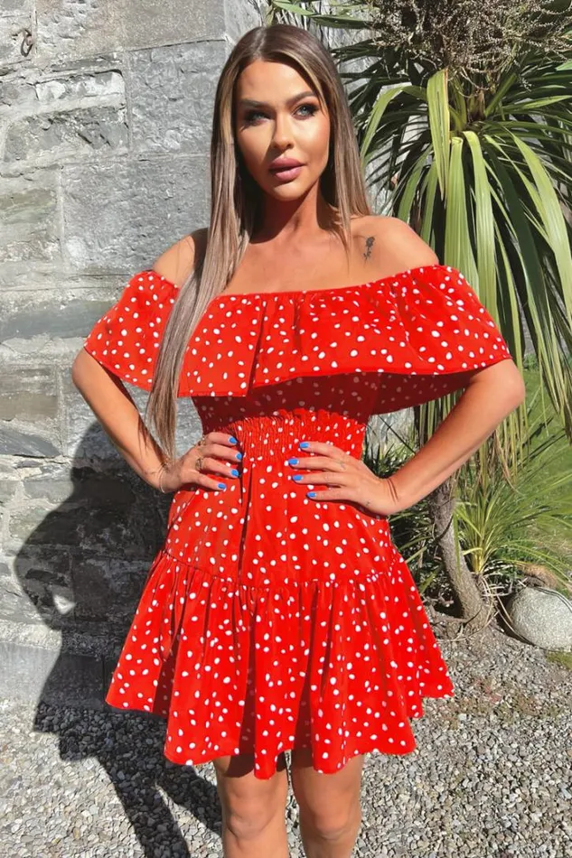 AX Paris Red And White Polka Dot Bardot Style Mini Dress Dresses