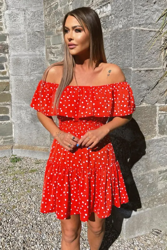 AX Paris Red And White Polka Dot Bardot Style Mini Dress Dresses