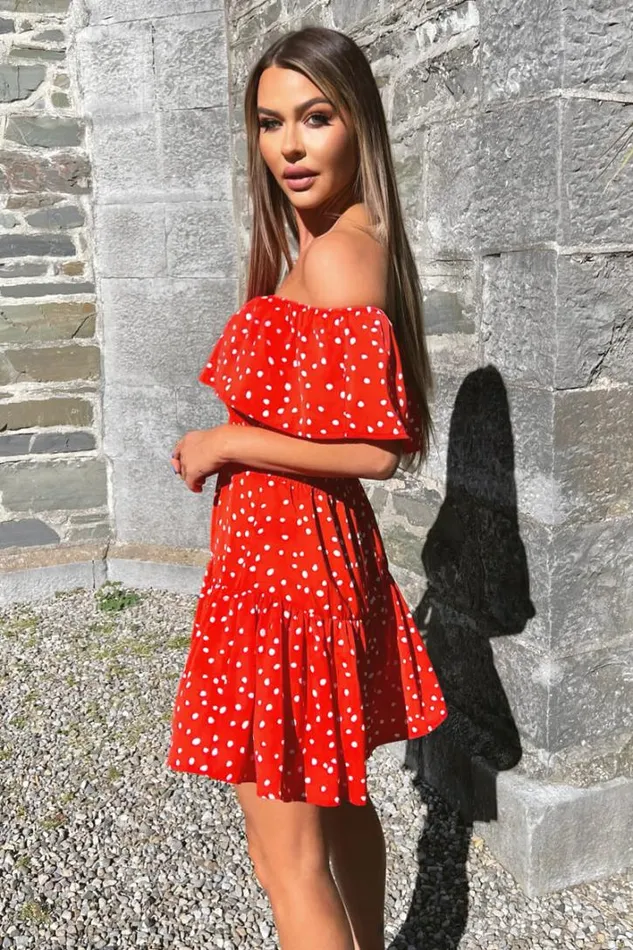 AX Paris Red And White Polka Dot Bardot Style Mini Dress Dresses