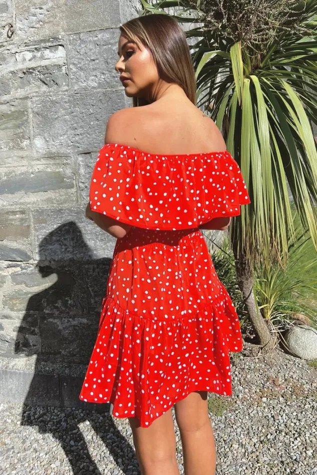 AX Paris Red And White Polka Dot Bardot Style Mini Dress Dresses