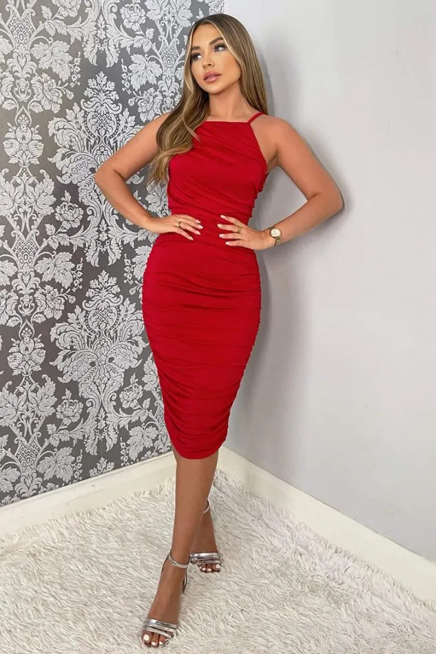 AX Paris Red Ruched Pleated Top Midi Dress Wedding Guest Dresses