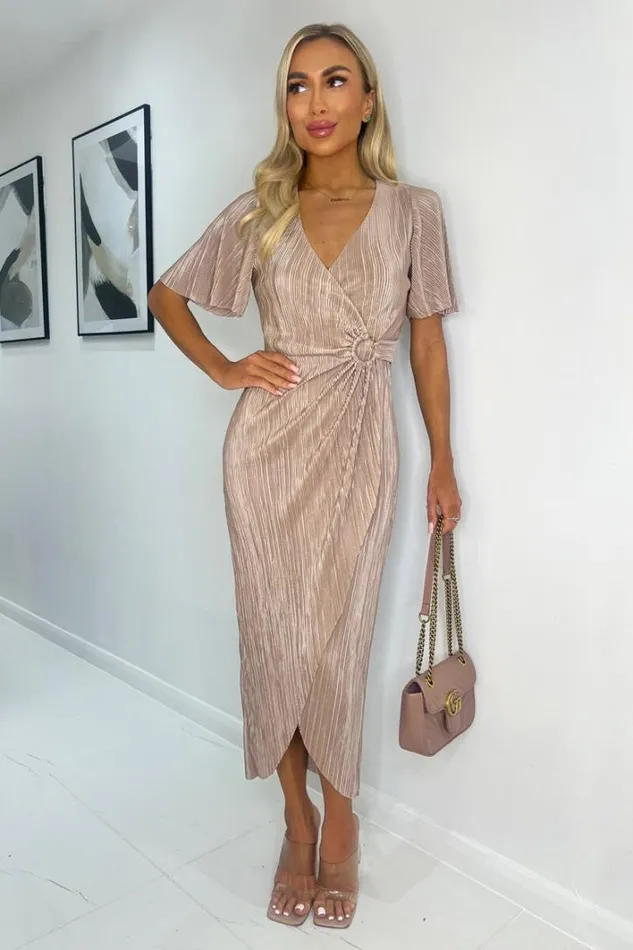AX Paris Taupe Short Sleeve Plisse Wrap Midi Dress Dresses