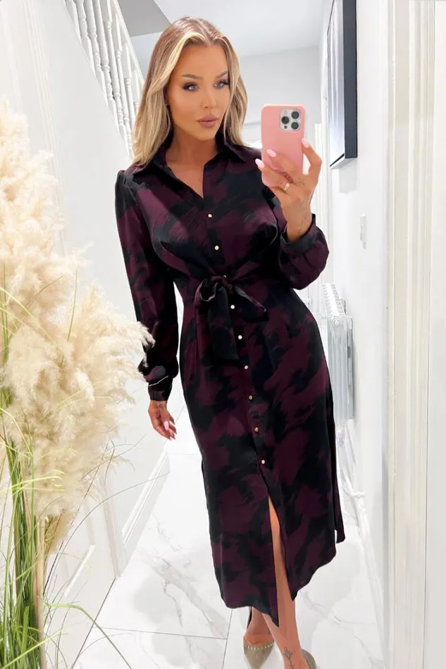 AX Paris Wine And Black Printed Button Front Tie Shirt Dress Dresses