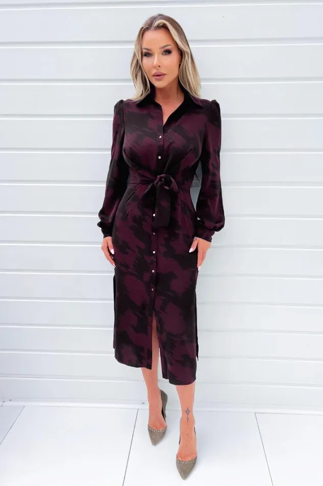 AX Paris Wine And Black Printed Button Front Tie Shirt Dress Dresses