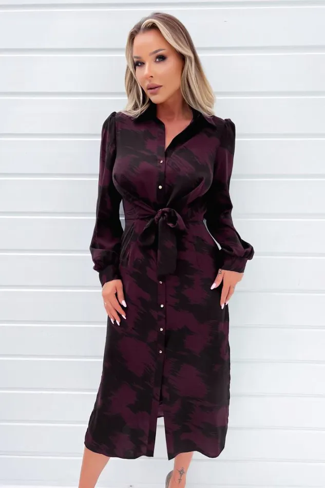 AX Paris Wine And Black Printed Button Front Tie Shirt Dress Dresses