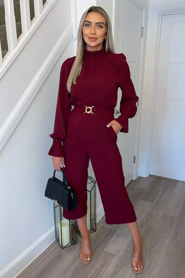 AX Paris Wine High Neck Long Sleeve Belted Jumpsuit Jumpsuits And Playsuits