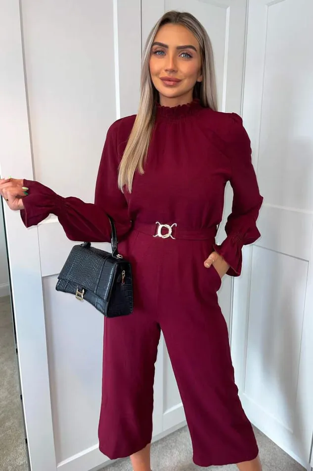 AX Paris Wine High Neck Long Sleeve Belted Jumpsuit Jumpsuits And Playsuits