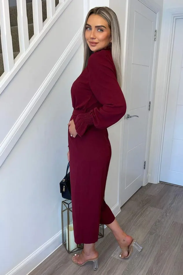 AX Paris Wine High Neck Long Sleeve Belted Jumpsuit Jumpsuits And Playsuits