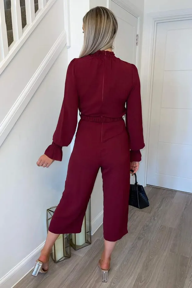 AX Paris Wine High Neck Long Sleeve Belted Jumpsuit Jumpsuits And Playsuits
