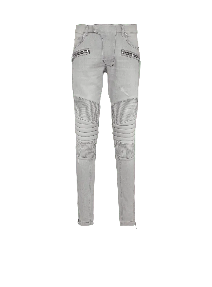 Balmain Denim Men Biker Jeans In Grey Quilted Denim Grey