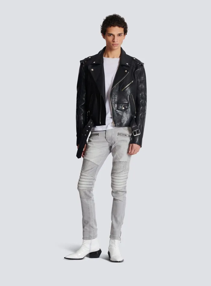 Balmain Denim Men Biker Jeans In Grey Quilted Denim Grey