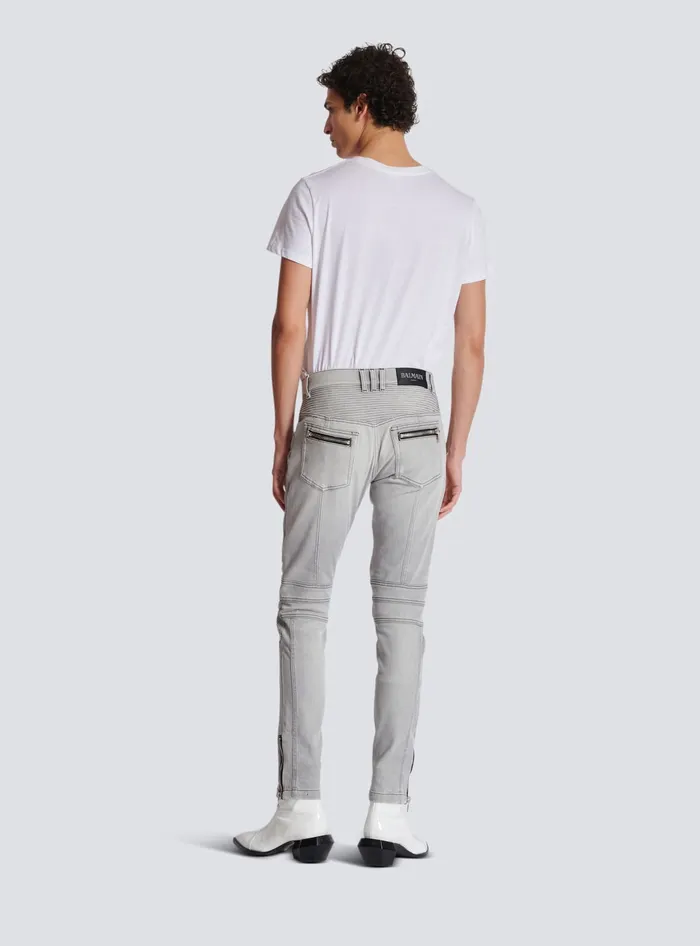 Balmain Denim Men Biker Jeans In Grey Quilted Denim Grey