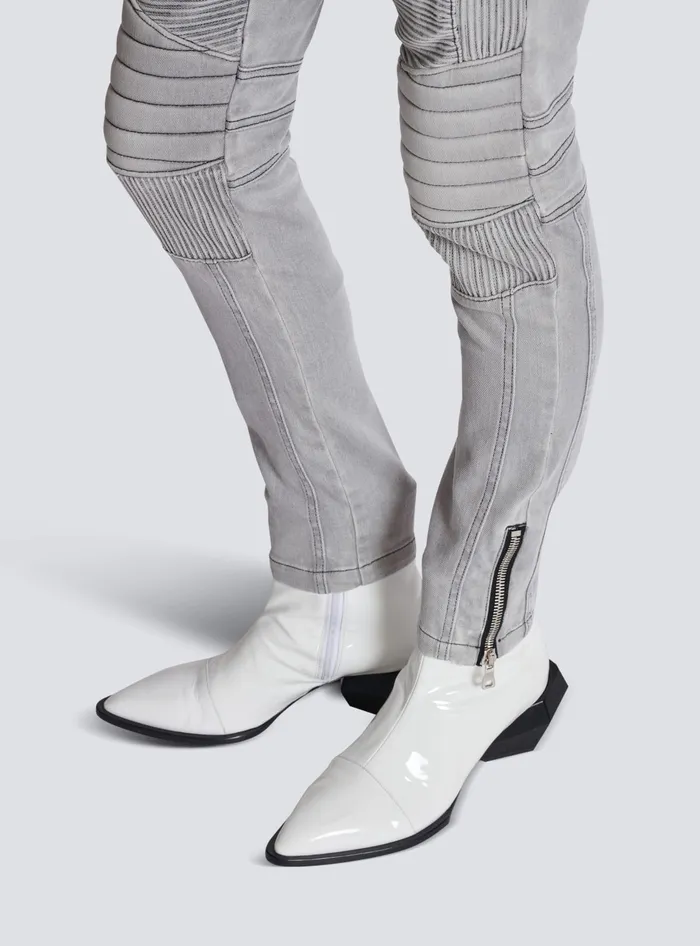 Balmain Denim Men Biker Jeans In Grey Quilted Denim Grey